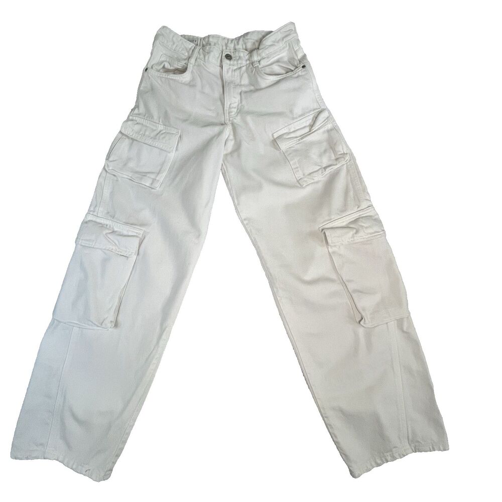 Zara White Wide Leg Cargo Jeans Womens Size 2 100% Cotton